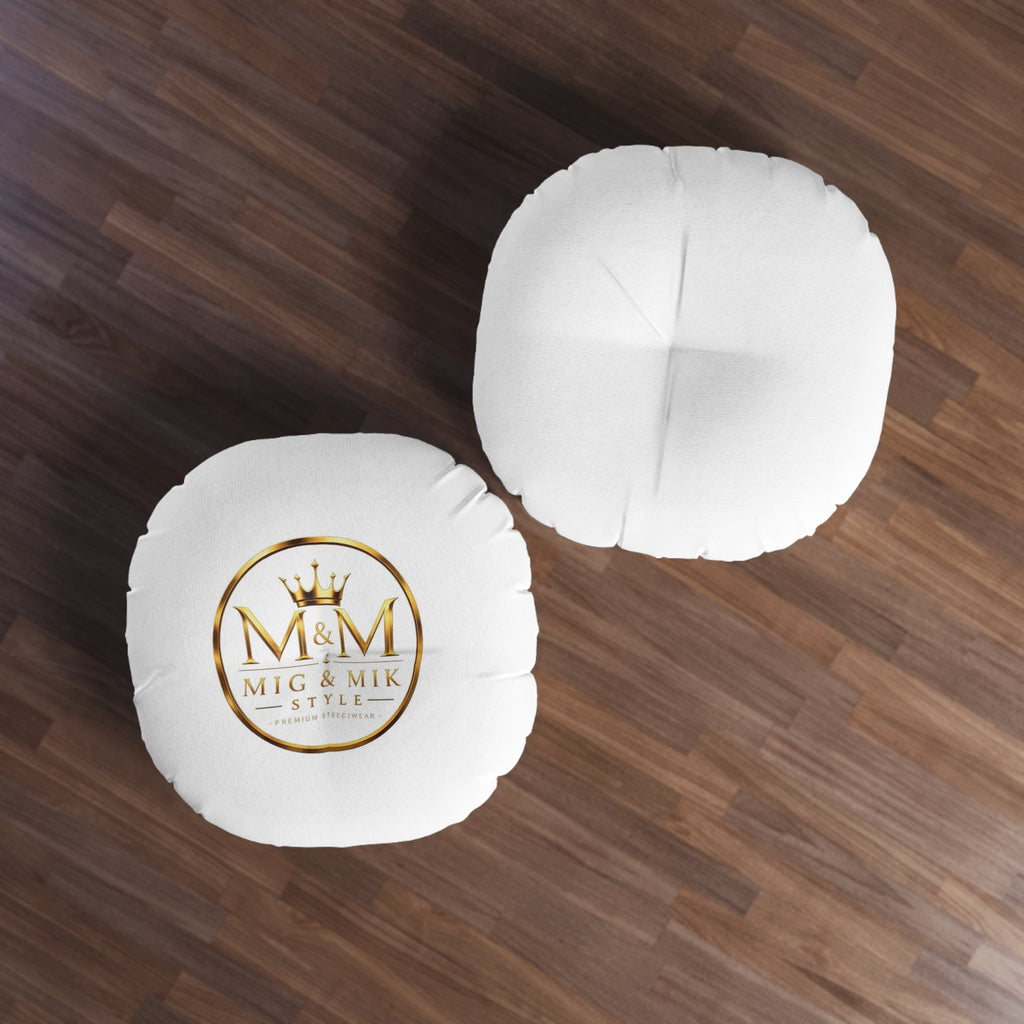 Round Tufted Floor Pillow — Gold "M & M Mig & Mik Style" Logo Cushion