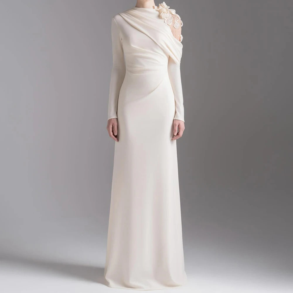 Customized A-line Evening Dresses Floor-length High-neck Full Sleeve Prom Gown Fashion Flowers Simple Draped Casual Party Gown