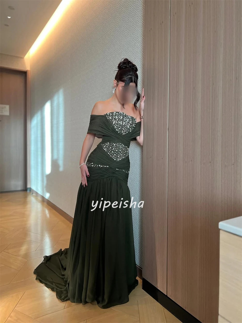 Customized High Quality Fashion Chiffon Sequined Beading Mermaid Off-the-shoulder Long Dresses Bespoke Occasion Dresses Matching