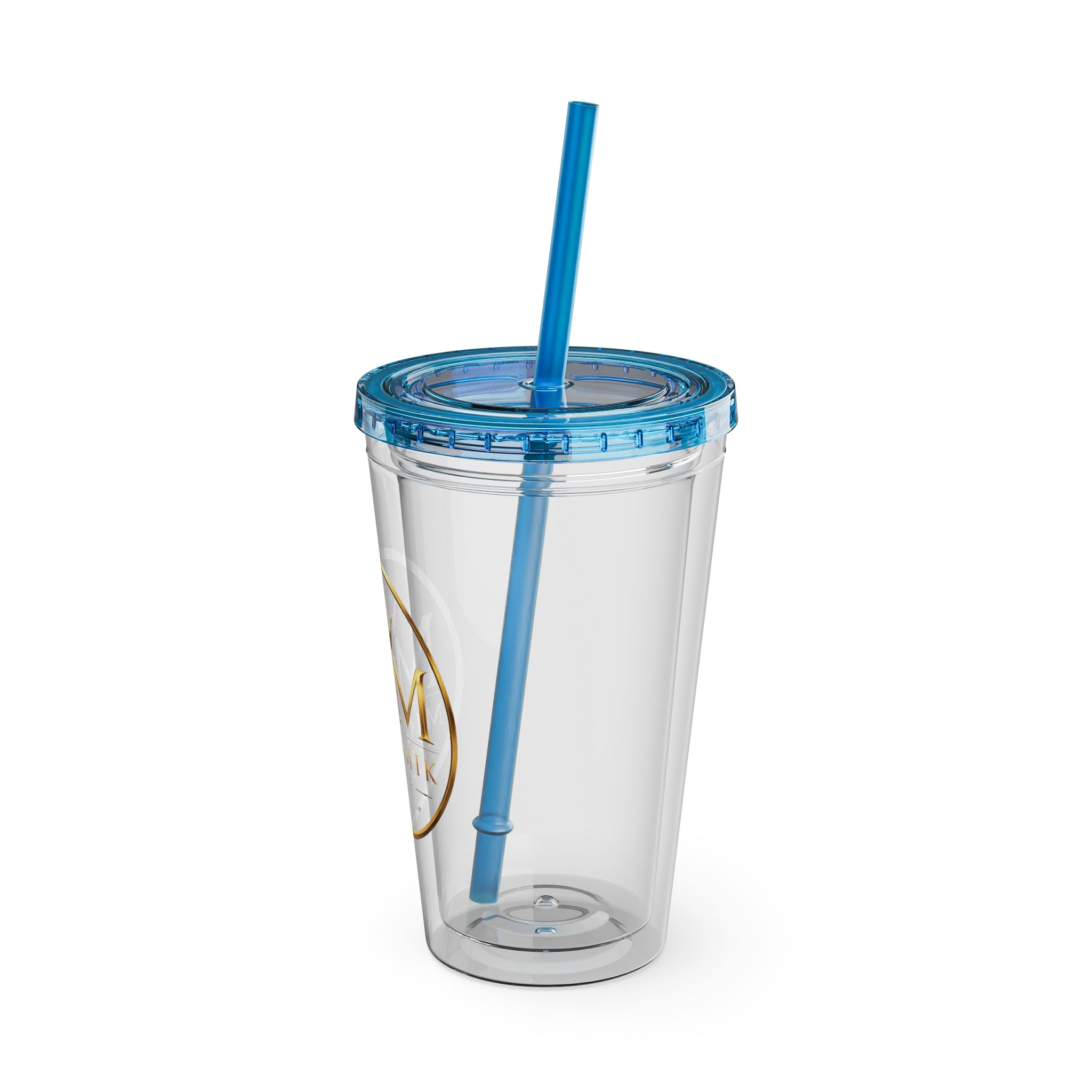 16oz Clear Tumbler with Straw — Gold Monogram 'MM' Crown Logo