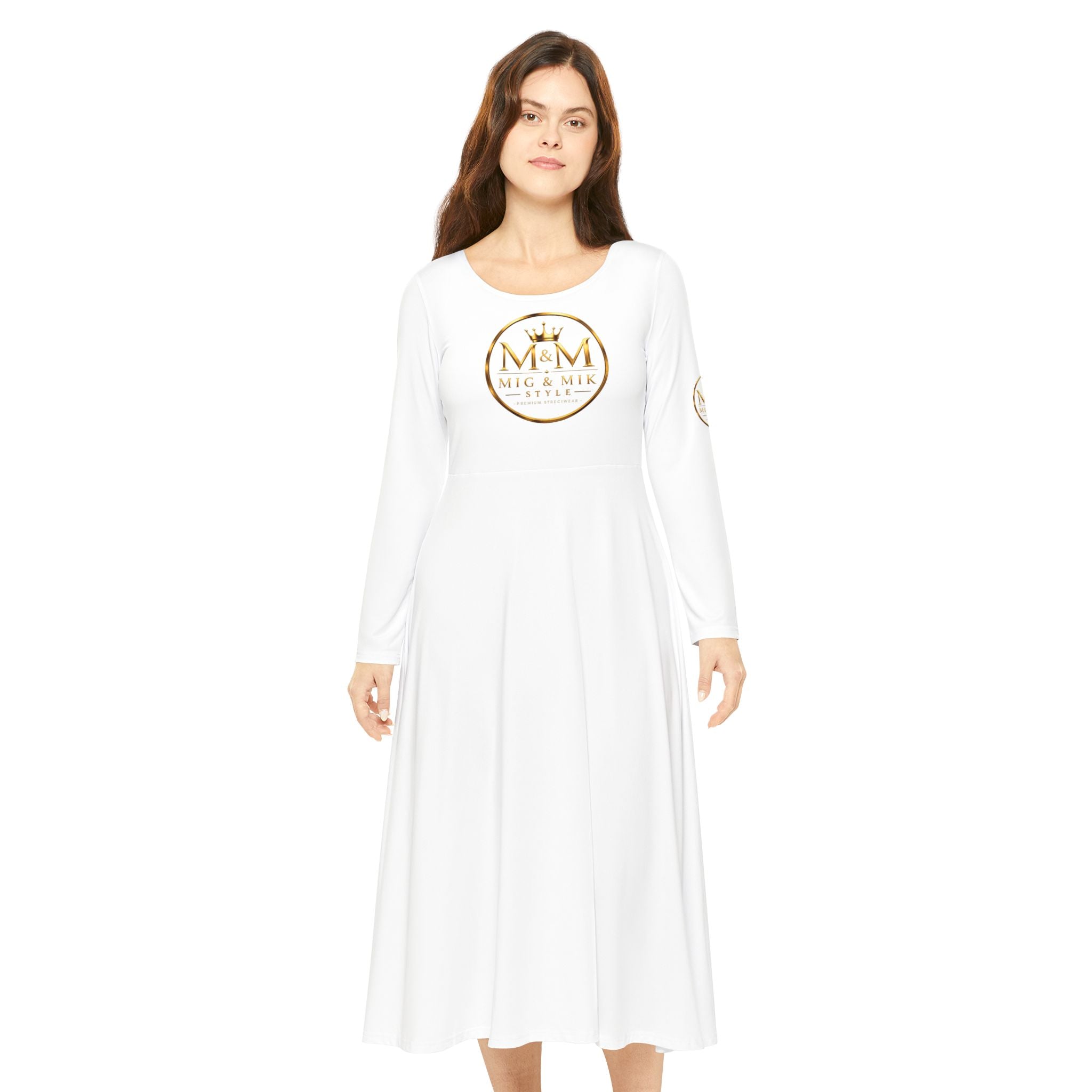 👑 MIG & MIK STYLE Premium Long Sleeve Dress – White Gold Luxury Collection