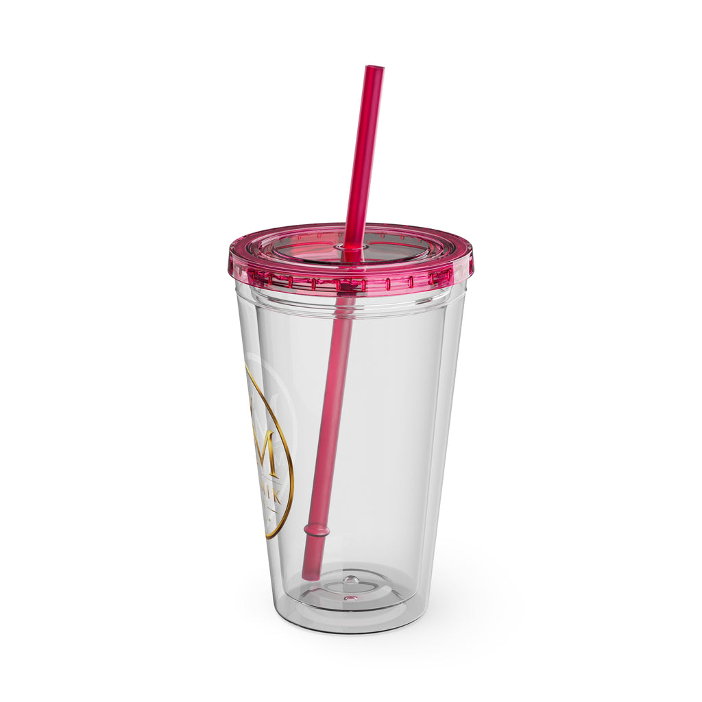 16oz Clear Tumbler with Straw — Gold Monogram 'MM' Crown Logo