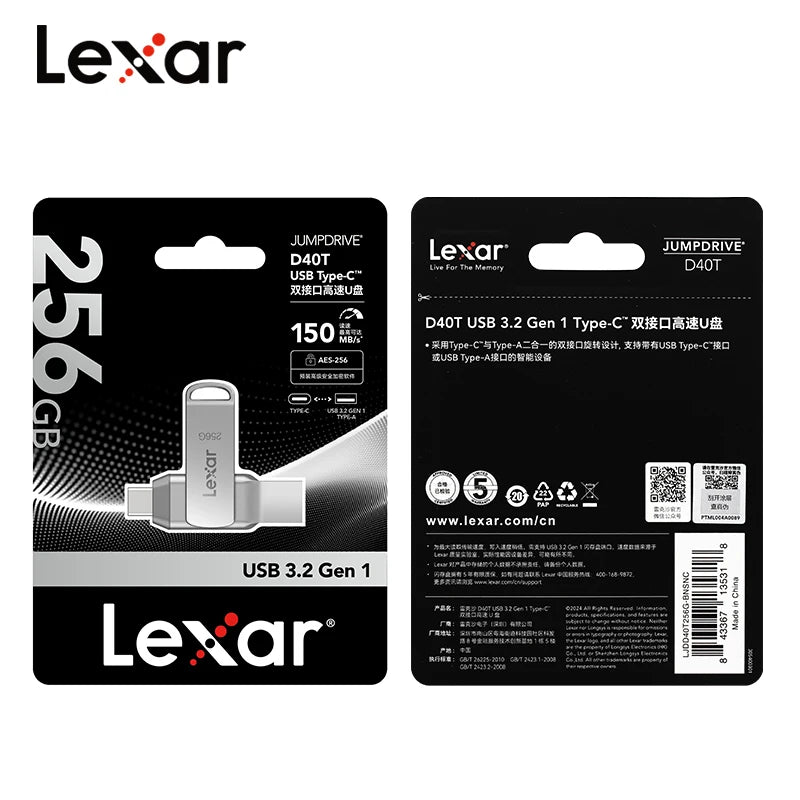 Lexar OTG Dual Type A Type C USB 3.2 Flash Drive Metal Pendrive 128GB 256GB D40T Max 150Mb/s Memory Stick for iPhone 15 16 Disk