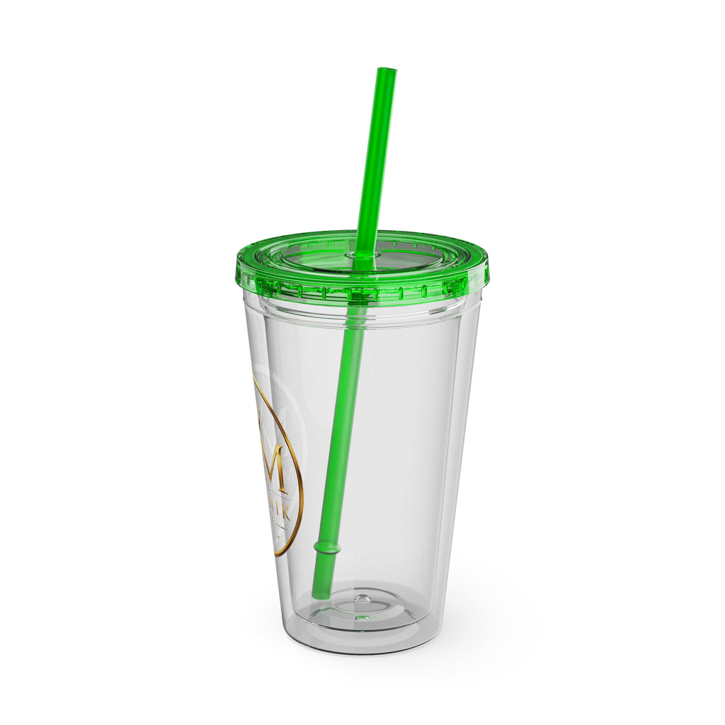 16oz Clear Tumbler with Straw — Gold Monogram 'MM' Crown Logo