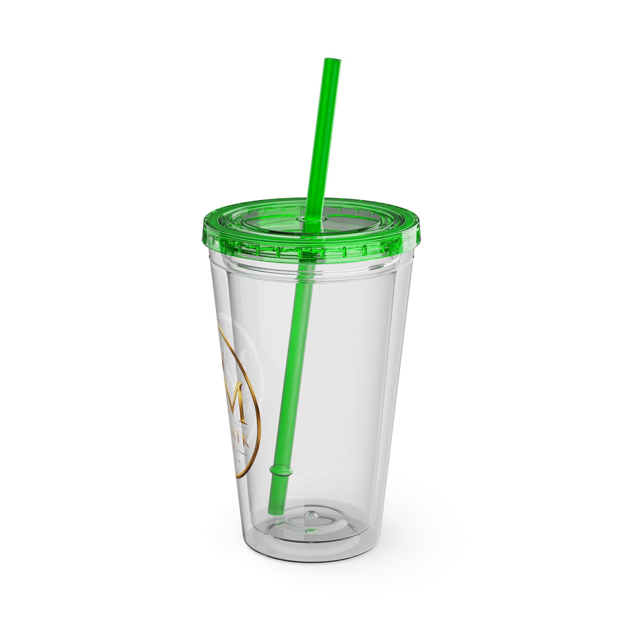 16oz Clear Tumbler with Straw — Gold Monogram 'MM' Crown Logo
