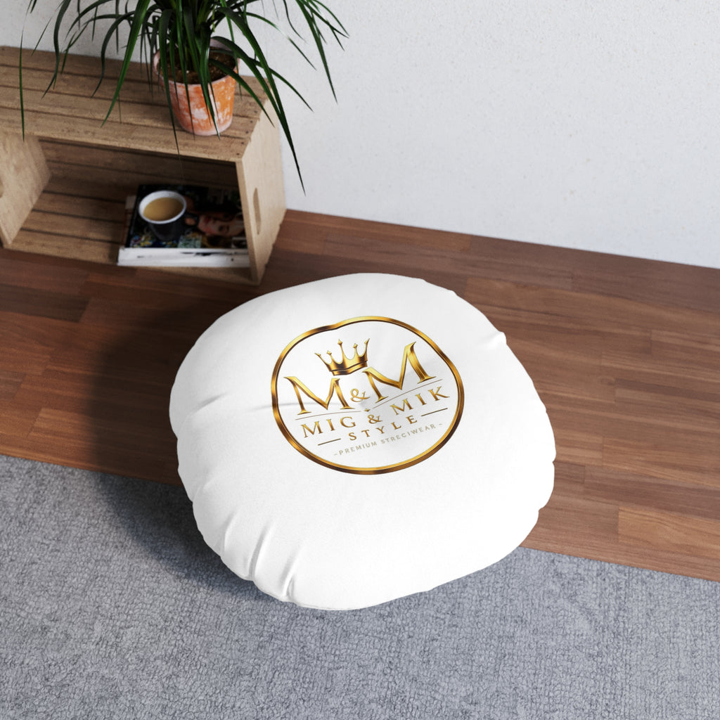 Round Tufted Floor Pillow — Gold "M & M Mig & Mik Style" Logo Cushion