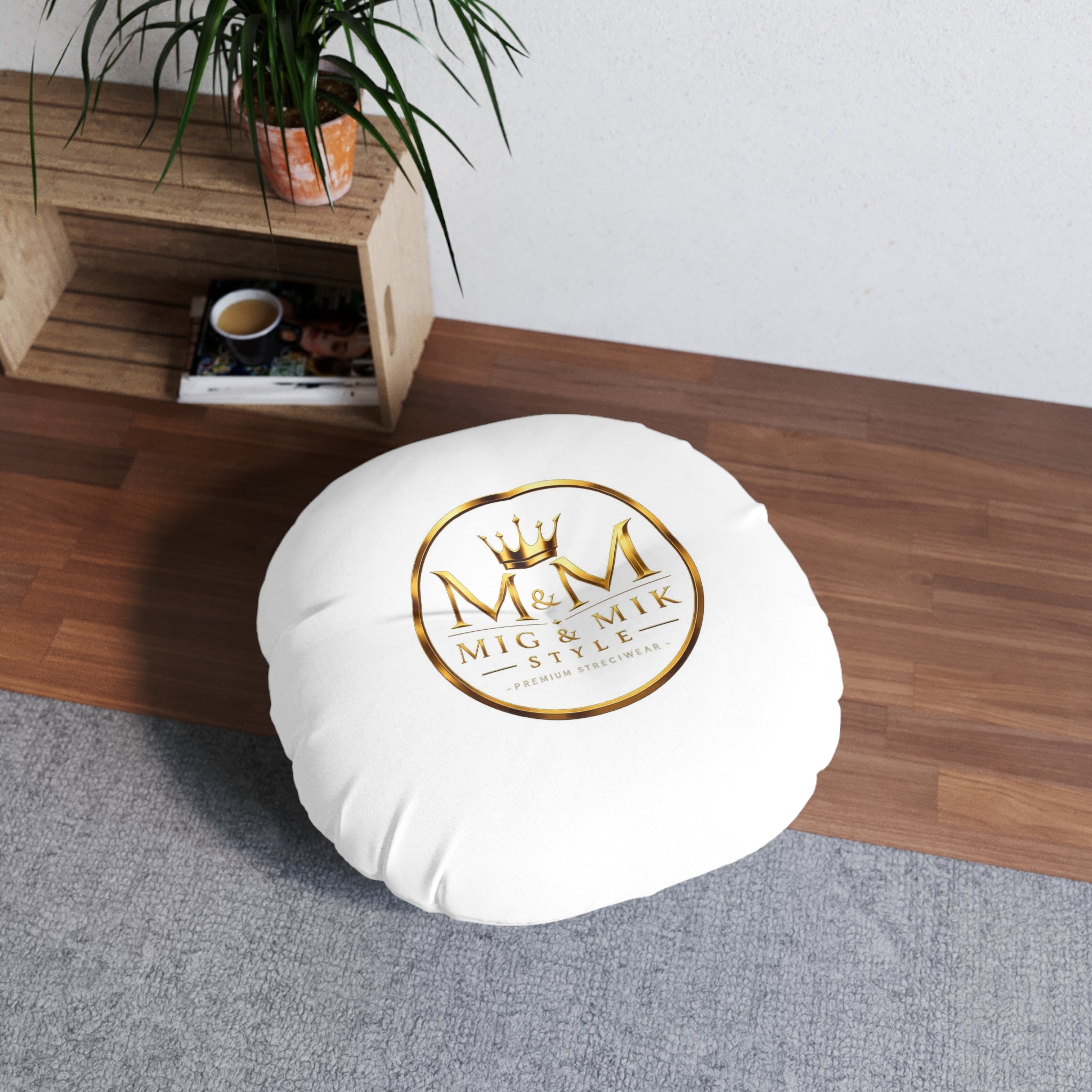 Round Tufted Floor Pillow — Gold "M & M Mig & Mik Style" Logo Cushion
