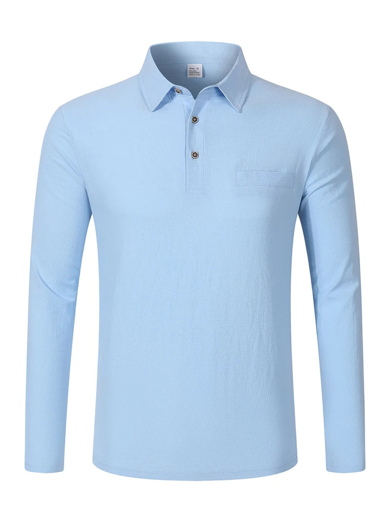 Men's Linen Blend Long Sleeve Polo Shirt with Chest Patch Breathable Lapel Collar Button Placket Casual Tops for Spring Fall