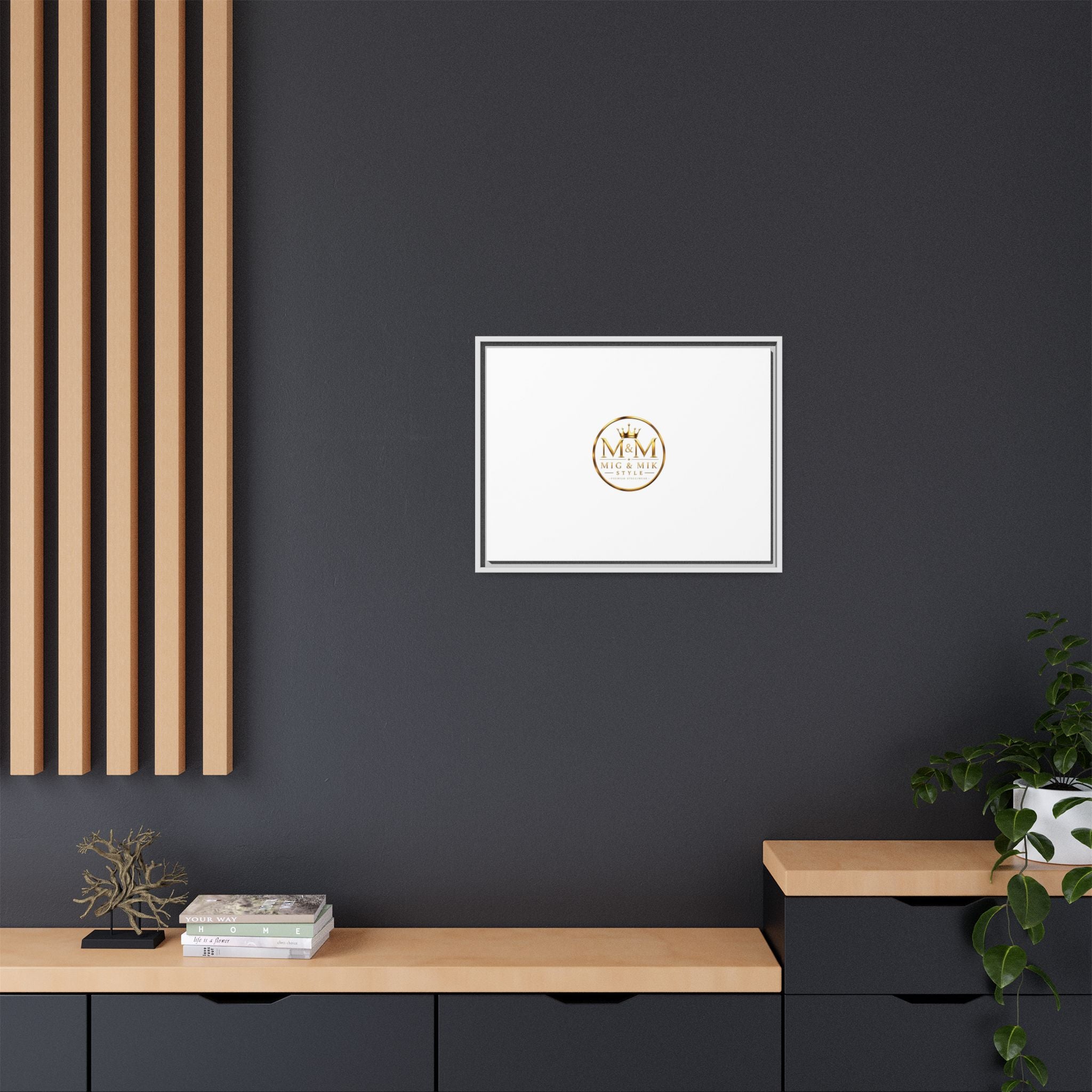 Framed Matte Canvas Print — Gold Mig & Mik Logo Wall Art