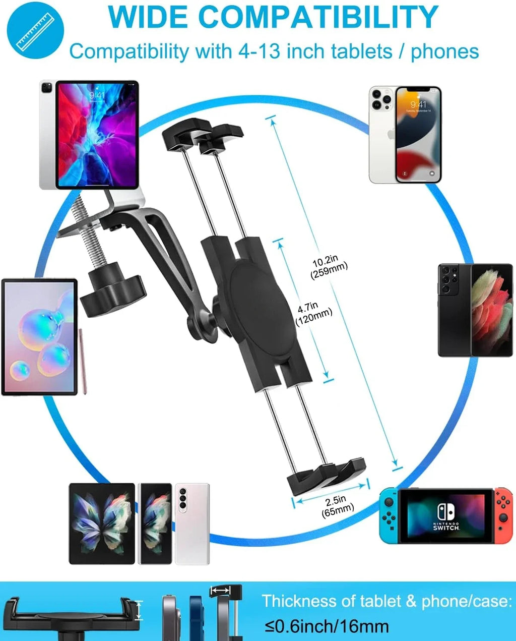 Universal Kitchen Under Cabinet Phone Tablet Holder for 4.7-13 inch Tablets Smartphone Metal Clamp Stand for iPad Air Pro iPhone