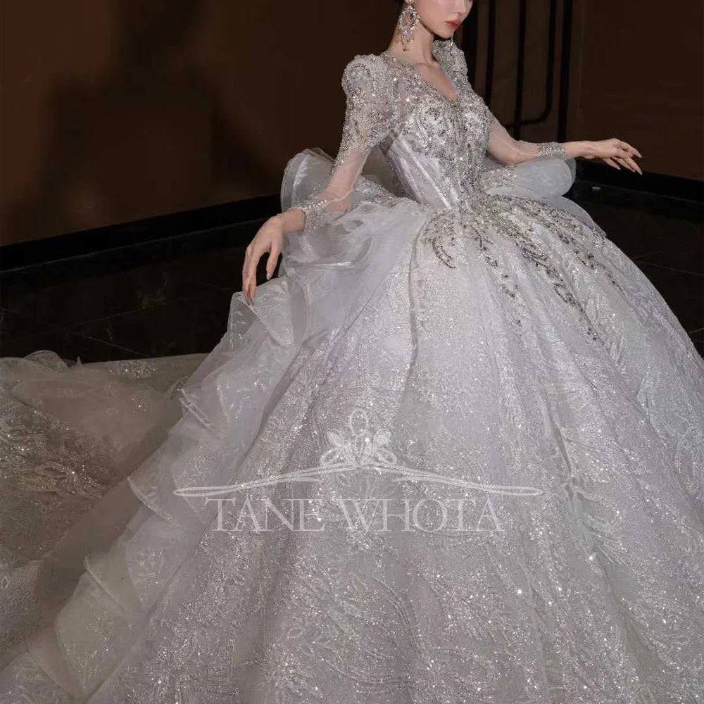 Luxury V Neck Wedding Dress Long Sleeves Lace Up Keyhole Back Embroidered Sequined Beading Customizable Encaje Vestido De Novia