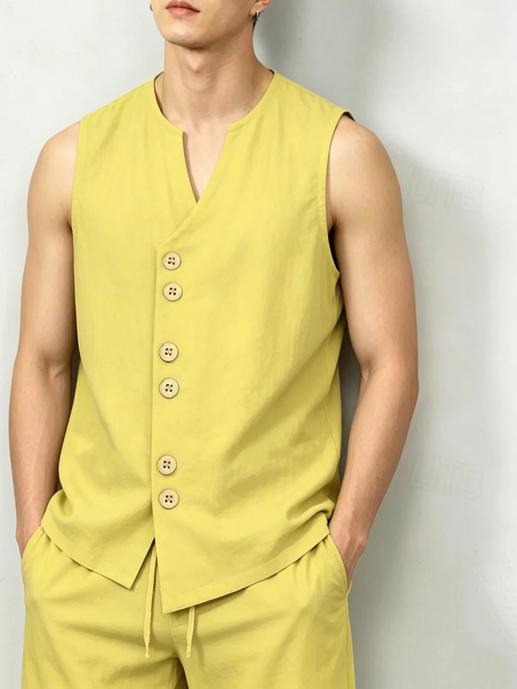 Men's Linen-Look V-Neck Button Sleeveless Top & Drawstring Shorts 2-Piece Set, Breathable Casual Summer Vacation Outfit