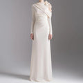 Customized A-line Evening Dresses Floor-length High-neck Full Sleeve Prom Gown Fashion Flowers Simple Draped Casual Party Gown