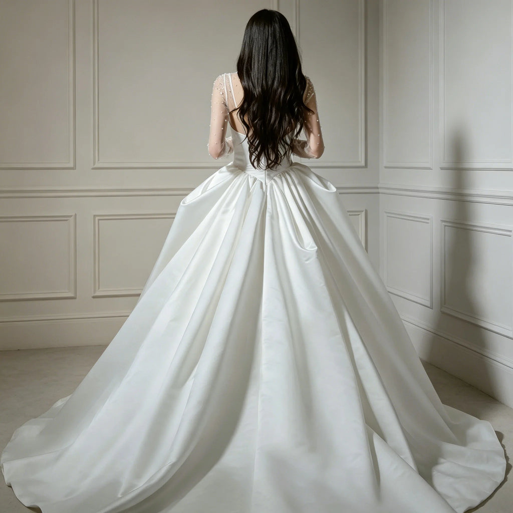 Ball gown wedding dress Detachable Pearl Beaded Sheer Long Sleeve basque waist bodice pick up skirt satin Customizable