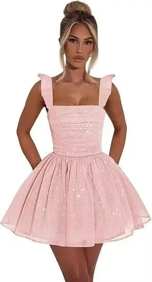 Sexy Tulle Homecoming Dress 2026 with Flutter Straps Square Neck A-Line Short Prom Dress Sparkly for Teens Graduation Mini Dress