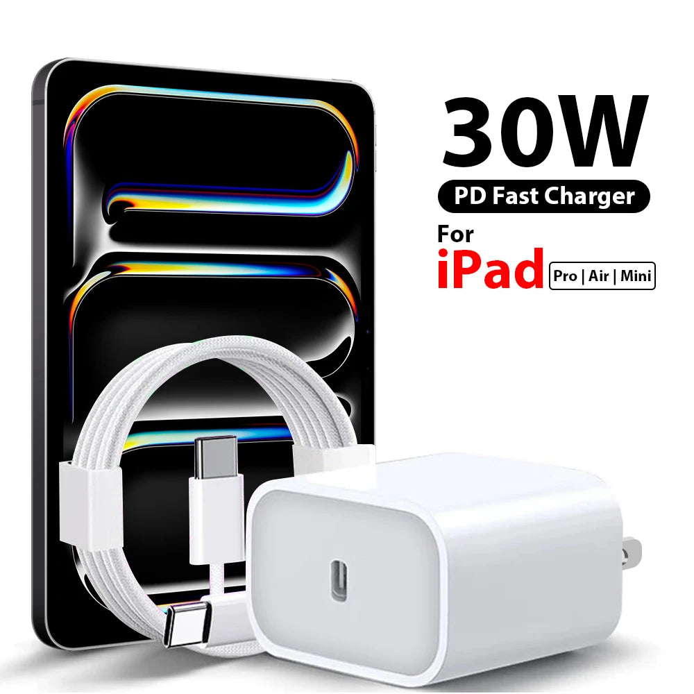 30W PD 3.0 USB C Charger For iPad A16 2025 10 9 10th 9th Generation Air 13 11 5 Pro 11 12.9 Mini 6 7 iPhone Quick Charging Cable