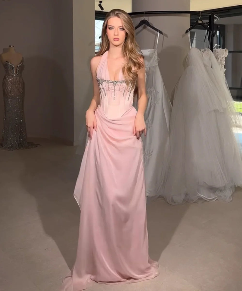 Customized Exquisite Chiffon Sequined Pattern A-line Halter Long Dresses Bespoke Occasion Dresses Intricate