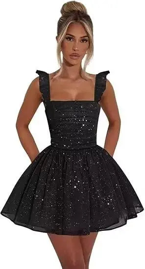 Sexy Tulle Homecoming Dress 2026 with Flutter Straps Square Neck A-Line Short Prom Dress Sparkly for Teens Graduation Mini Dress
