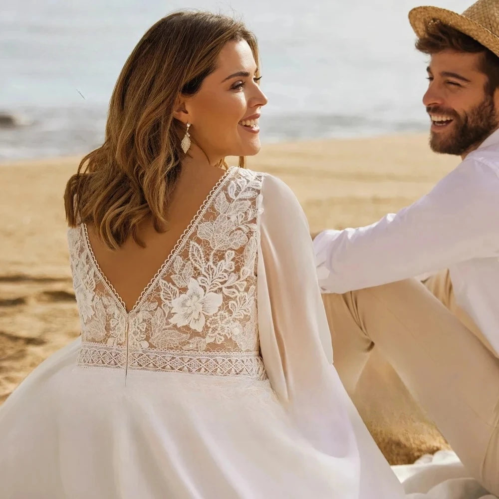 Wedding Dresses Plus Size Customized 3/4 Sleeve Bride Gown with Lace Applique A-Line Sweep Train فستان حفلات