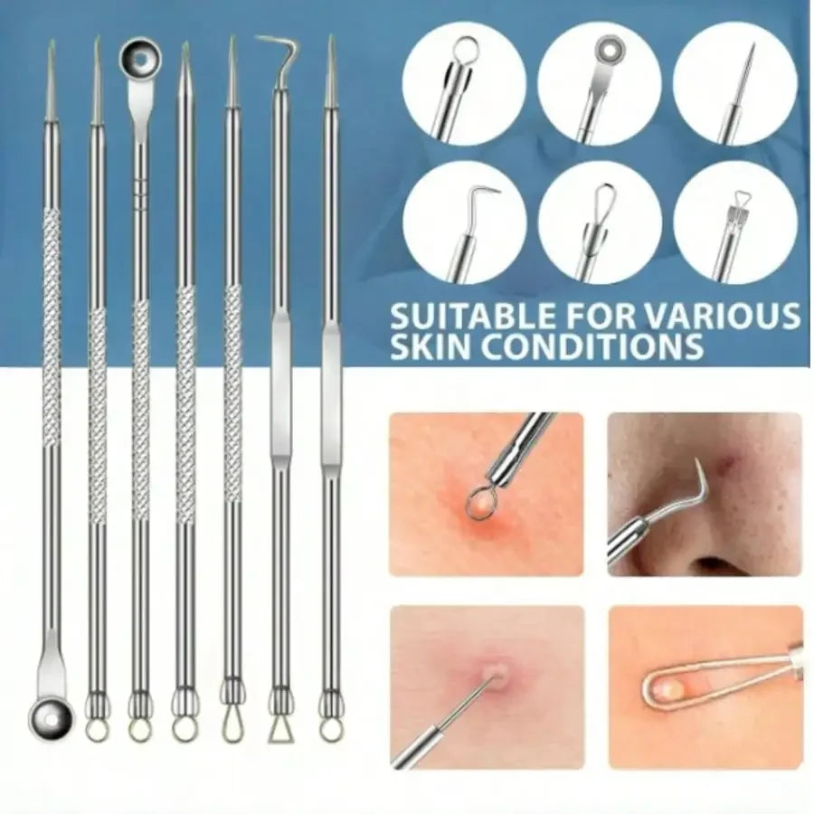 8Pcs Stainless Steel Acne Removal Tool Set  Blackhead Tweezers & Pimple Needle Kit With Storage Case