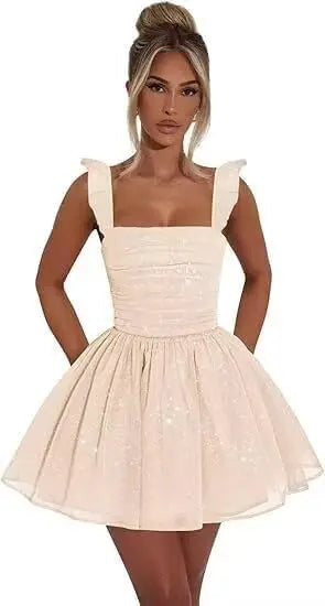 Sexy Tulle Homecoming Dress 2026 with Flutter Straps Square Neck A-Line Short Prom Dress Sparkly for Teens Graduation Mini Dress