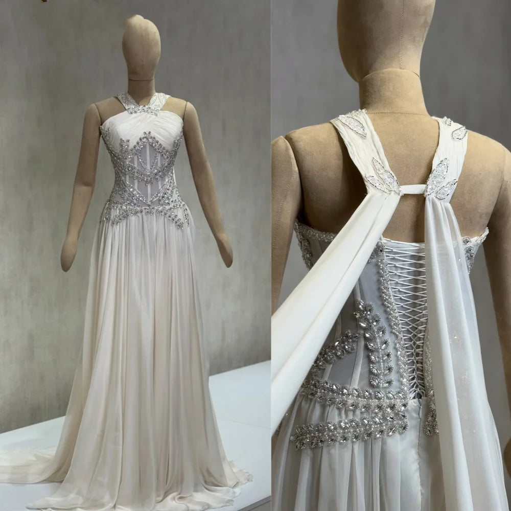 Customized Exquisite Chiffon Pleat Sequined A-line Halter Long Dresses Bespoke Occasion Fashion Sparkle