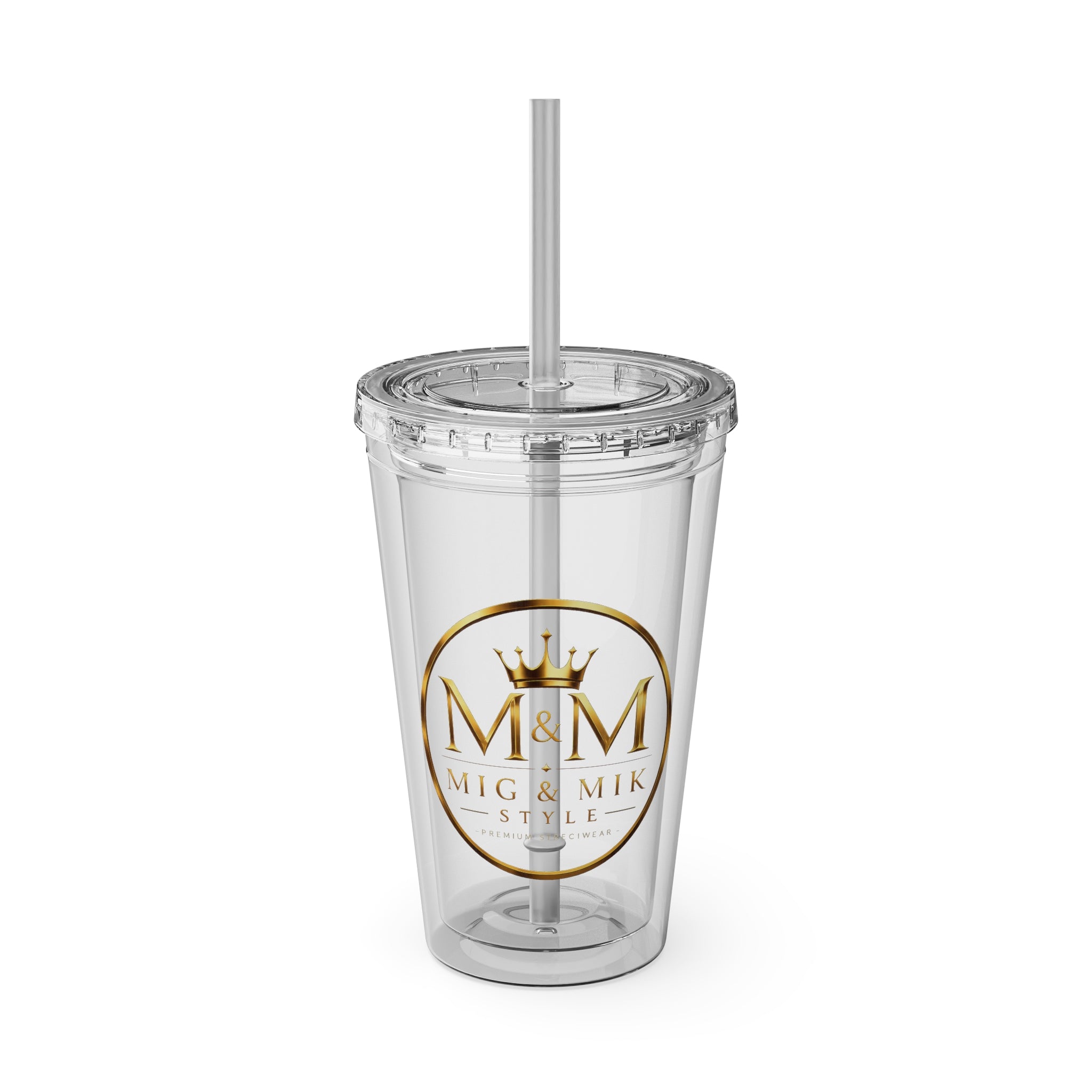 16oz Clear Tumbler with Straw — Gold Monogram 'MM' Crown Logo