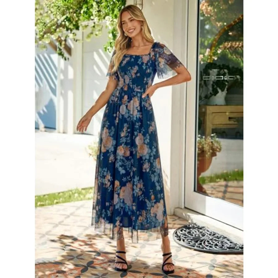 Simplee Womens Floral Maxi Dresses 2026 Summer Square Neck Mesh Short Sleeve Smocked Boho Flowy Wedding Guest Dress