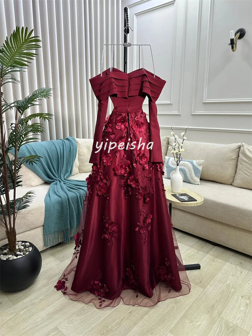 Customized Intricate Jersey Handmade Flower Beading Draped A-line Off-the-shoulder Long Dresses Bespoke Occasion Dresses Formal