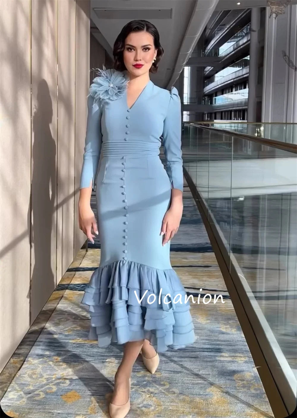 Customized Jersey Button Applique Mermaid V-neck Midi Dresses Bespoke Occasion Evening Fashion Elegant Formal