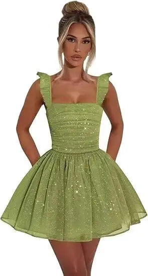 Sexy Tulle Homecoming Dress 2026 with Flutter Straps Square Neck A-Line Short Prom Dress Sparkly for Teens Graduation Mini Dress