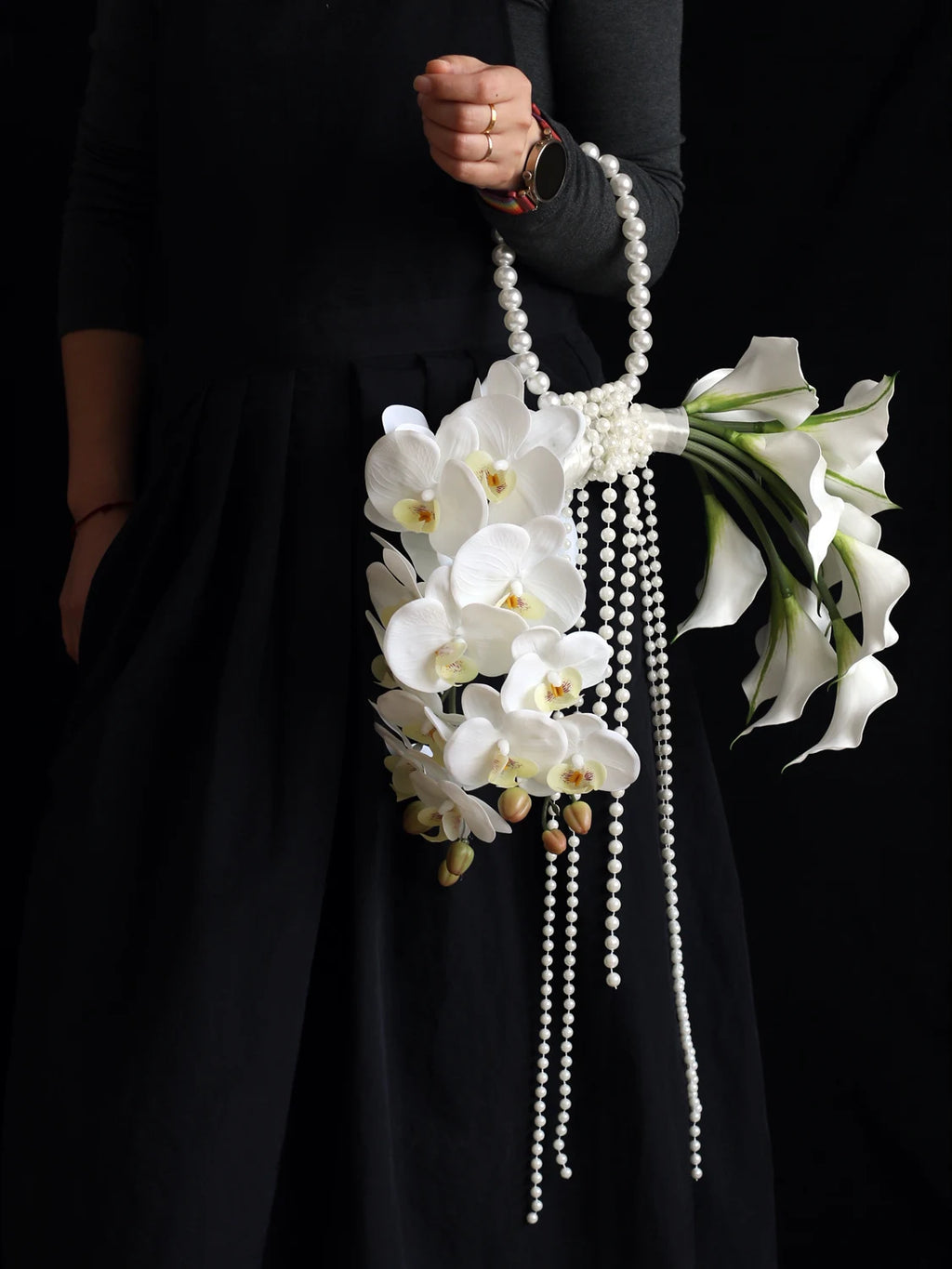 White  Orchid Pearl Bridal Bouquet Artificial Flower Handheld Wedding Photography Studio Props Fashion  Design