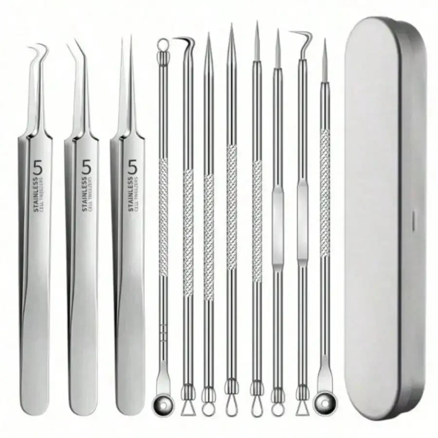 8Pcs Stainless Steel Acne Removal Tool Set  Blackhead Tweezers & Pimple Needle Kit With Storage Case