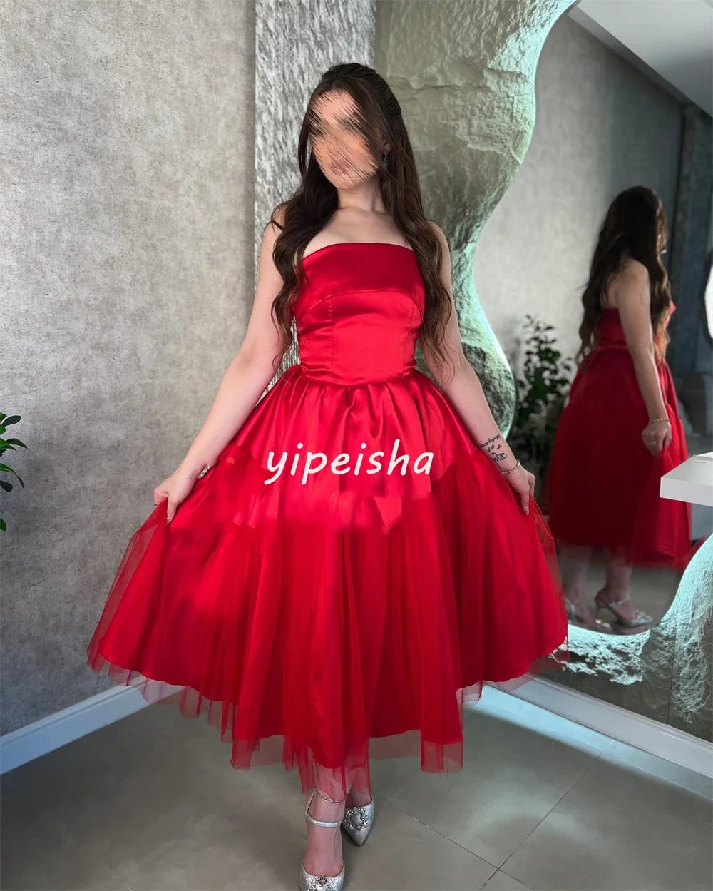 Customized Satin Pleat Wedding Party A-line Strapless Bespoke Occasion Gown Midi Dresses