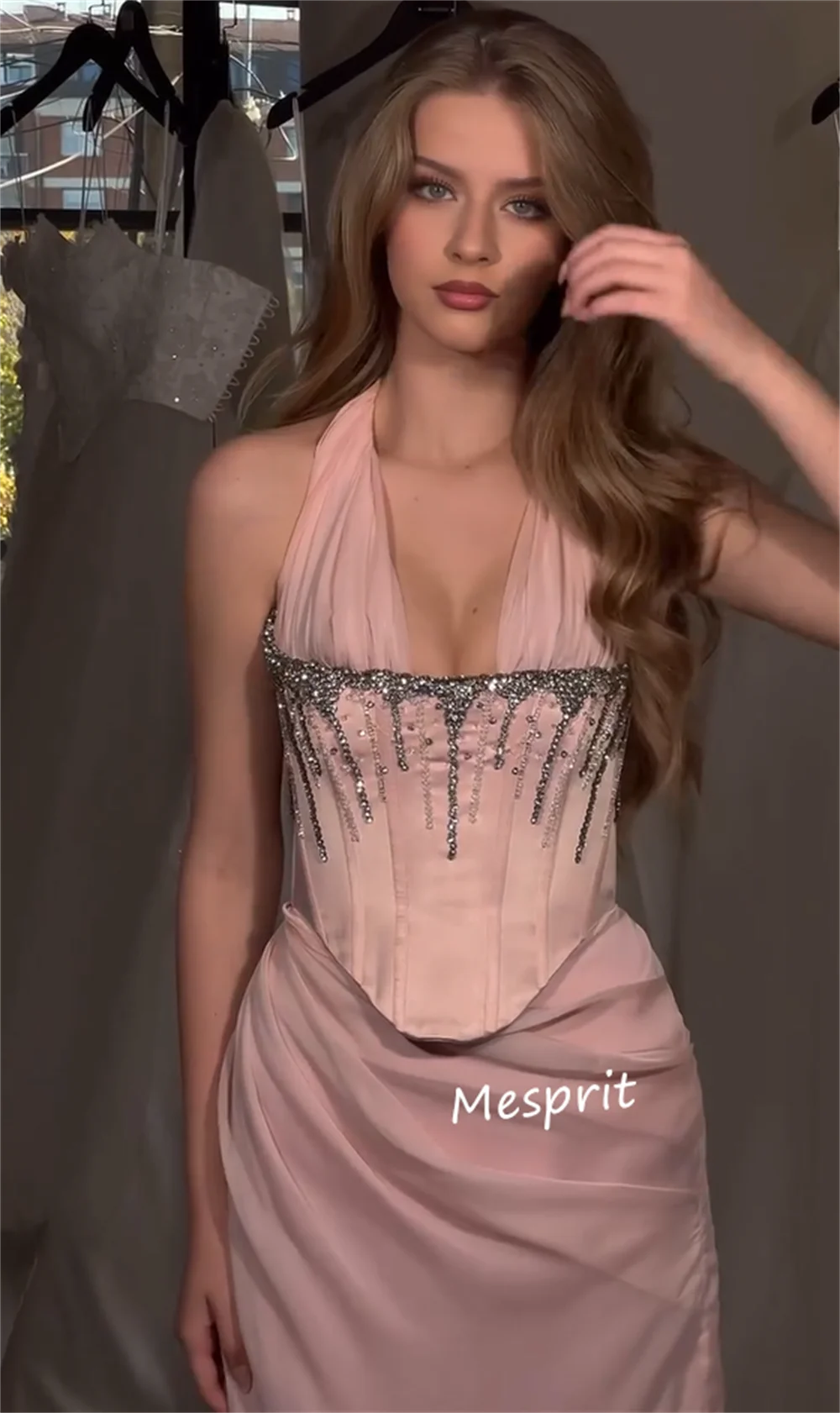 Customized Exquisite Chiffon Sequined Pattern A-line Halter Long Dresses Bespoke Occasion Dresses Intricate