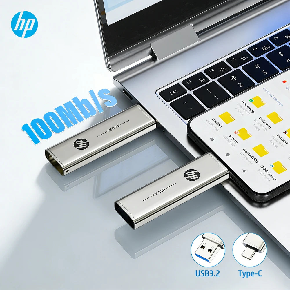 HP USB 3.2 Type-C Dual Interface Metal Flash Drive High Speed Pen Drive 100MB/s 64GB 128GB 256GB Jump Drive for iphone 15/16/17