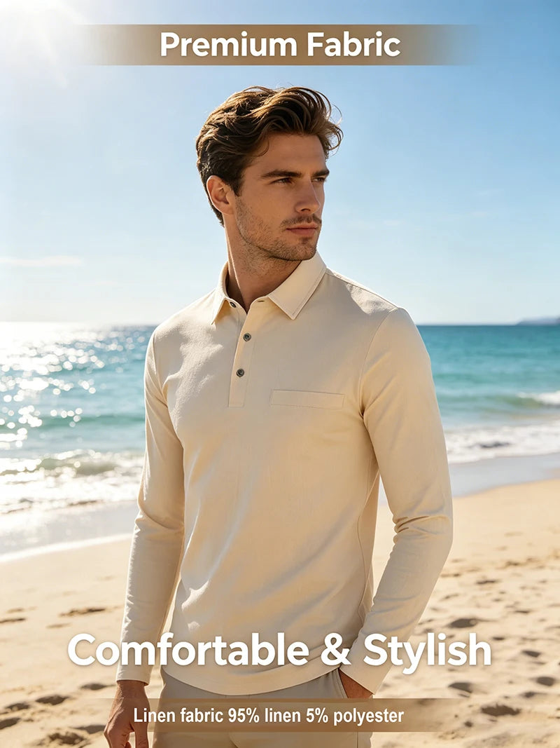 Men's Linen Blend Long Sleeve Polo Shirt with Chest Patch Breathable Lapel Collar Button Placket Casual Tops for Spring Fall