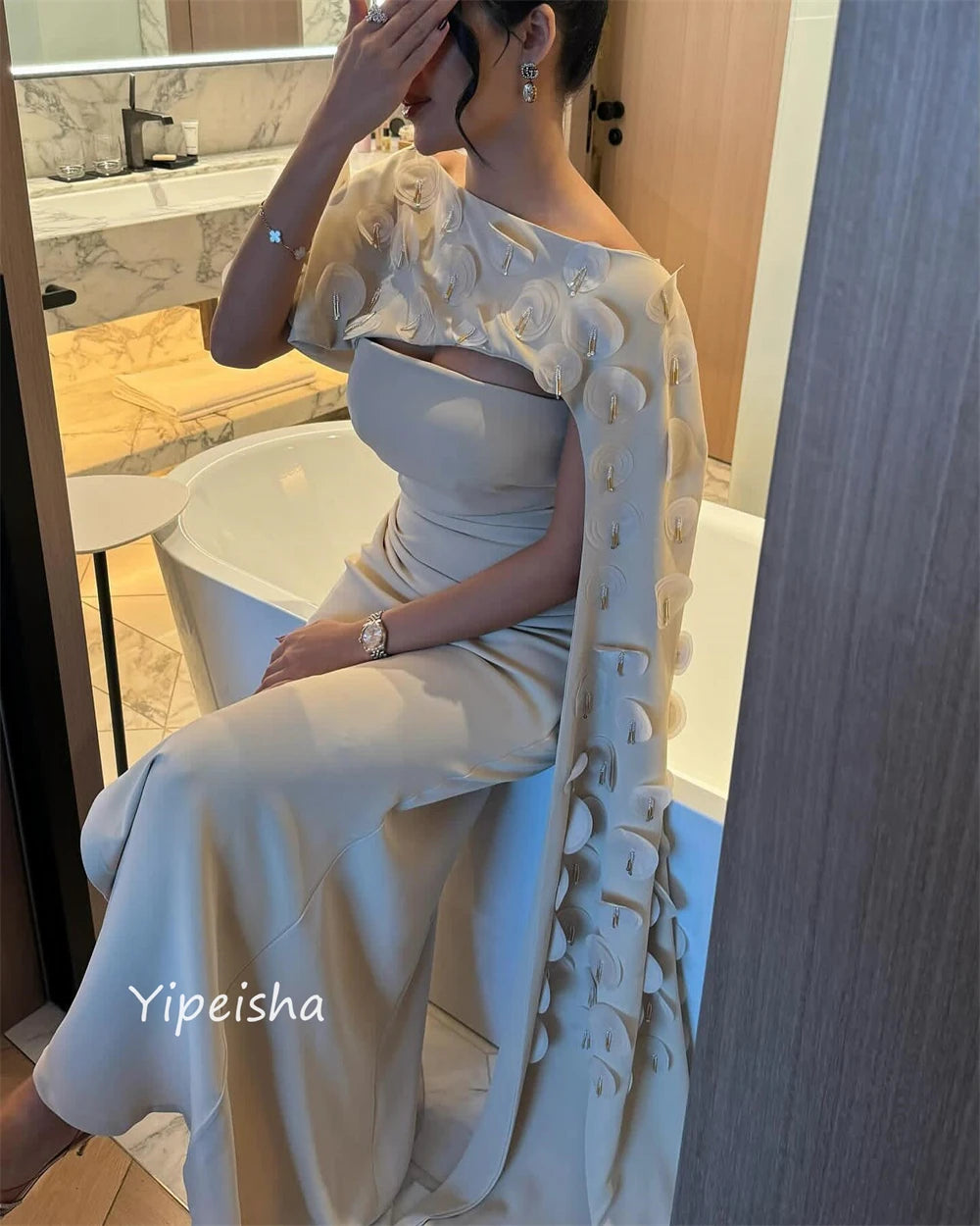 Customized Modern Style O-Neck A-line Beading Sequined Appliques Ankle-Length Satin Bespoke Occasion Dresses Evening