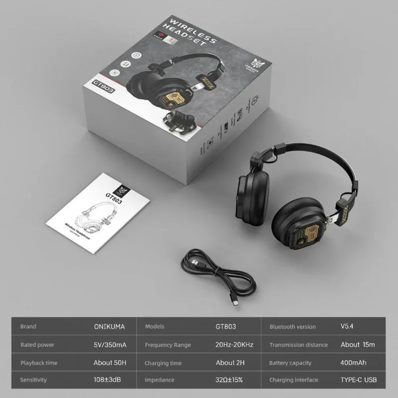 Onikuma Bluetooth Headphones Over Ear Hifi Stereo Music Headset Professional True Sports with Earphones TF/AUX Music Player