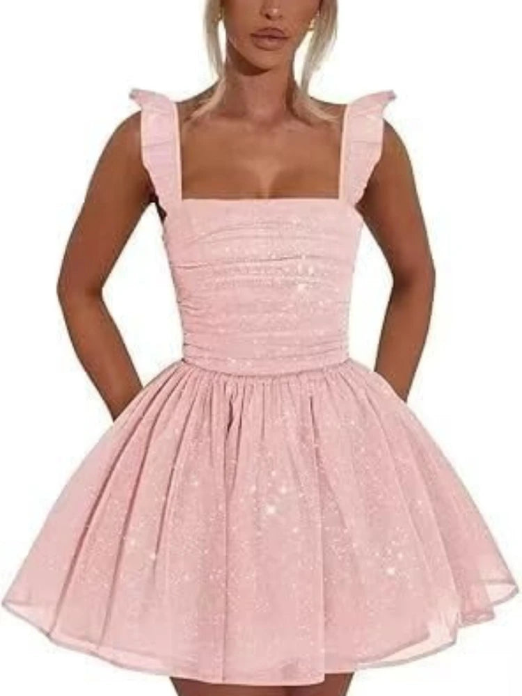 Sexy Tulle Homecoming Dress 2026 with Flutter Straps Square Neck A-Line Short Prom Dress Sparkly for Teens Graduation Mini Dress