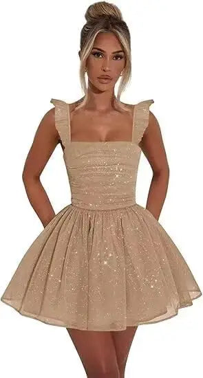 Sexy Tulle Homecoming Dress 2026 with Flutter Straps Square Neck A-Line Short Prom Dress Sparkly for Teens Graduation Mini Dress