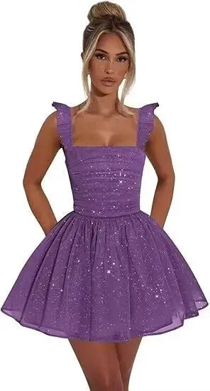 Sexy Tulle Homecoming Dress 2026 with Flutter Straps Square Neck A-Line Short Prom Dress Sparkly for Teens Graduation Mini Dress