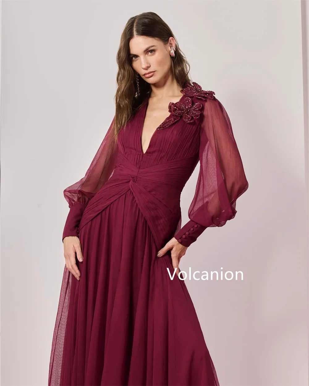 Customized Chiffon Applique Button A-line V-neck Midi Dresses Bespoke Occasion Prom Casual Simple Sizes Available