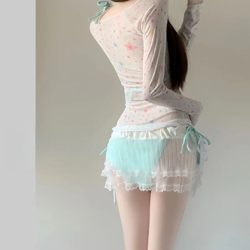 2026 New Summer Women's Korean Style Bikini Set Sweet Girl Beach Vacation Swimsuit Slimming Long Sleeve Cover Up