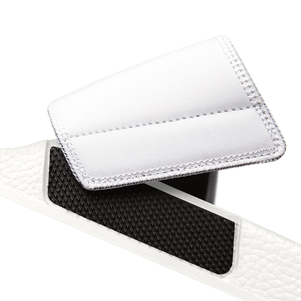 Women's Removable-Strap Sandals — White Slide Sandals with Gold Emblem
