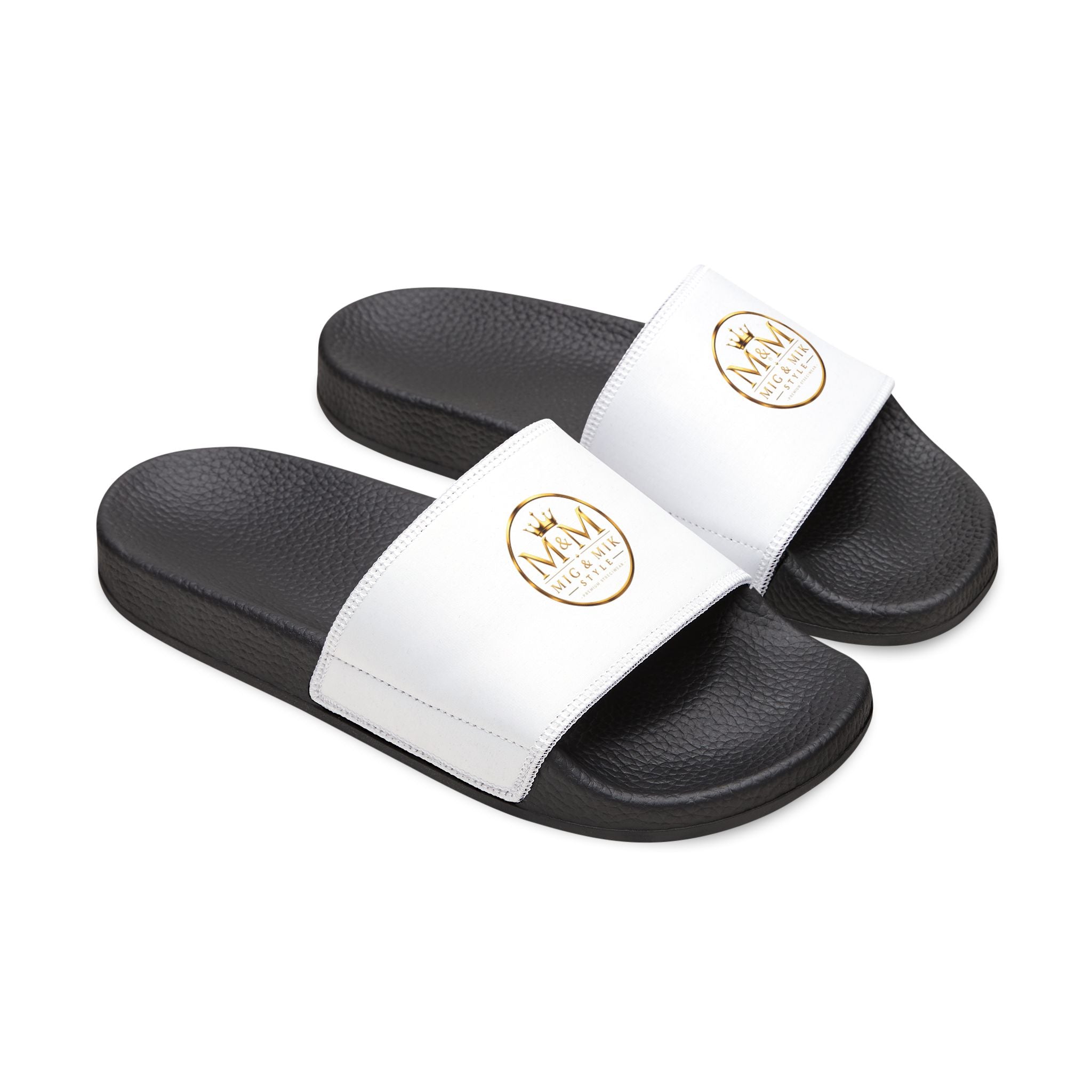 Women's Removable-Strap Sandals — White Slide Sandals with Gold Emblem