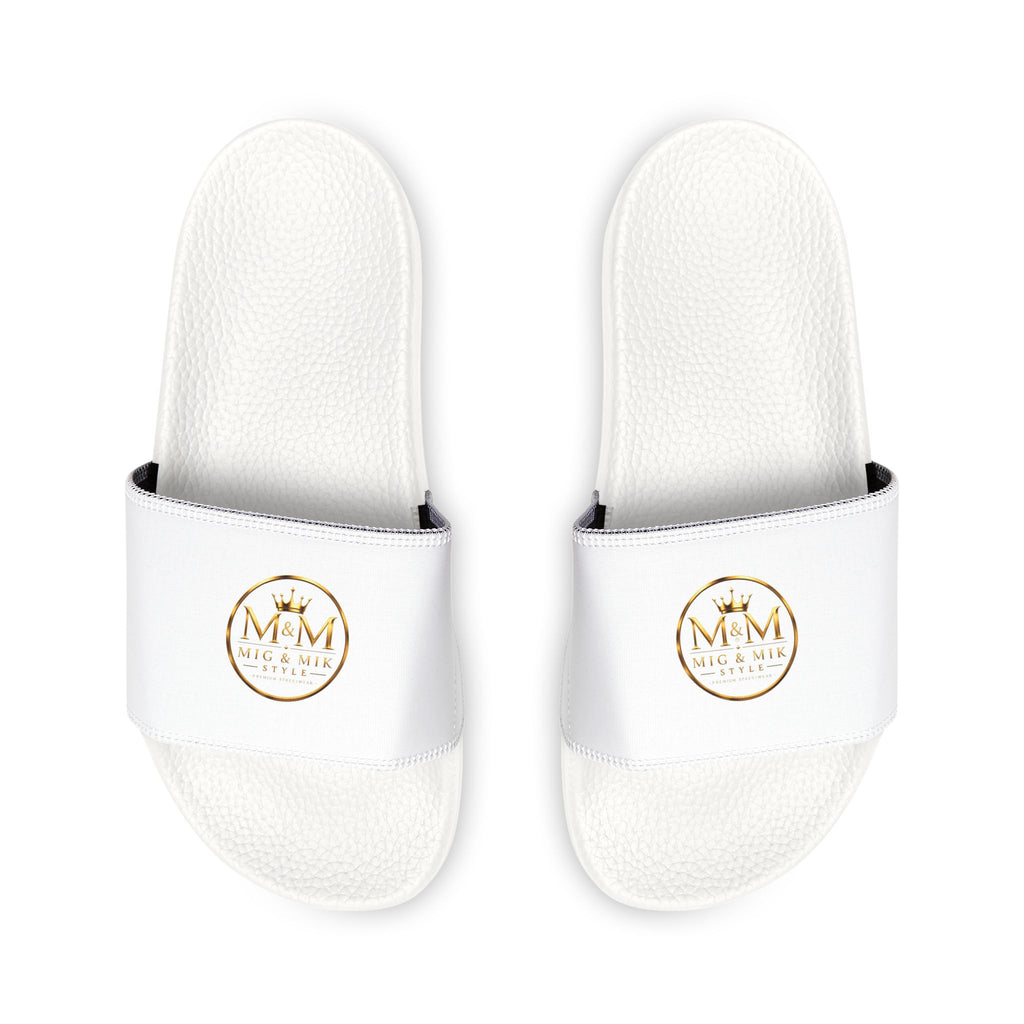 Women's Removable-Strap Sandals — White Slide Sandals with Gold Emblem