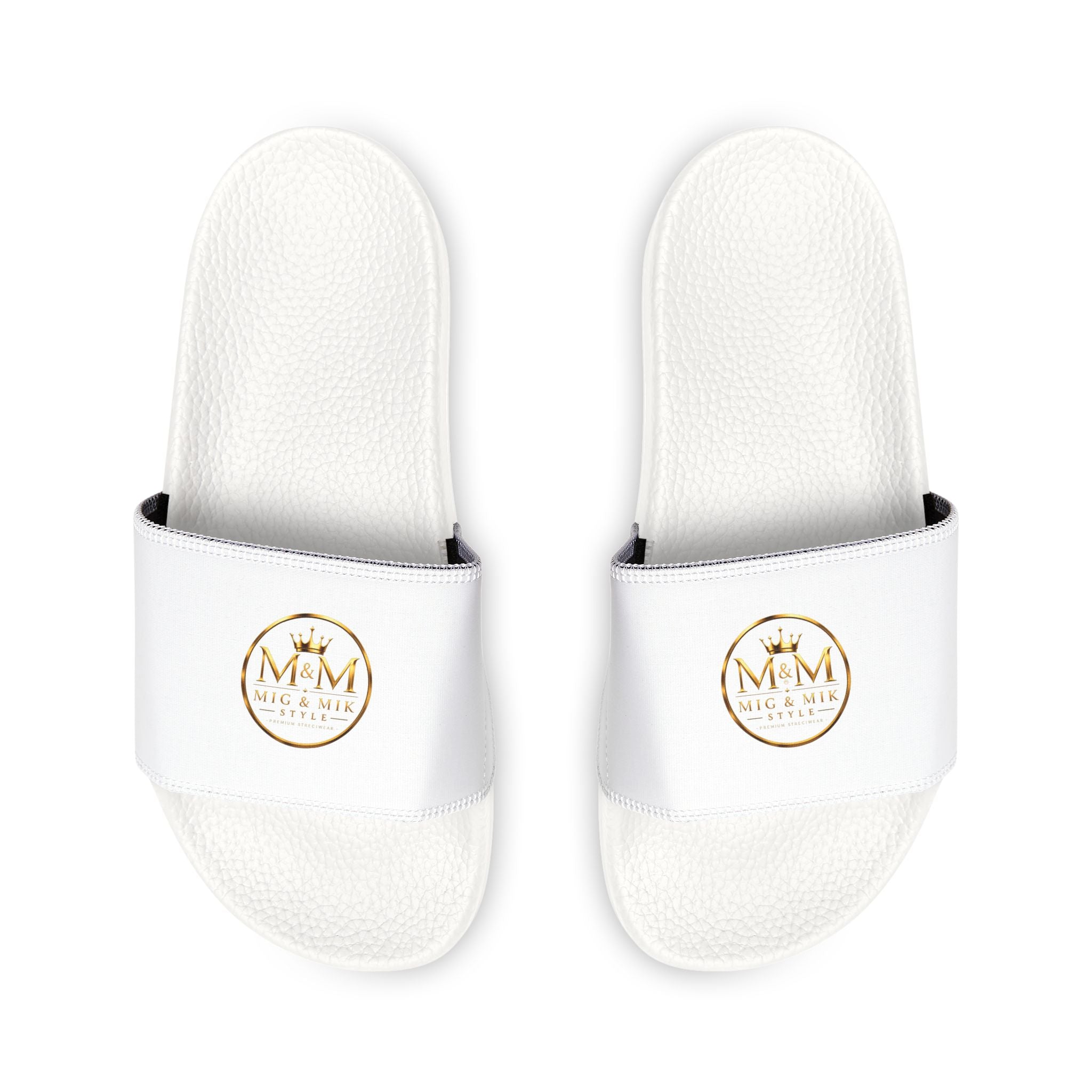 Women's Removable-Strap Sandals — White Slide Sandals with Gold Emblem