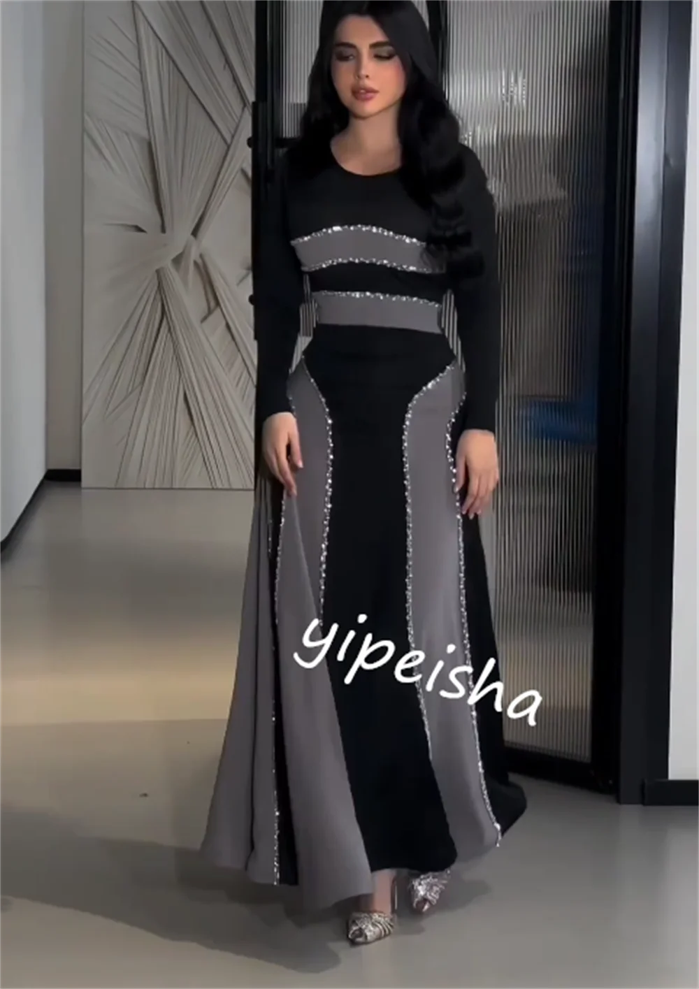 Customized Sparkle Exquisite Jersey Draped Beading Evening A-line O-Neck Bespoke Occasion Gown Midi Dresses
