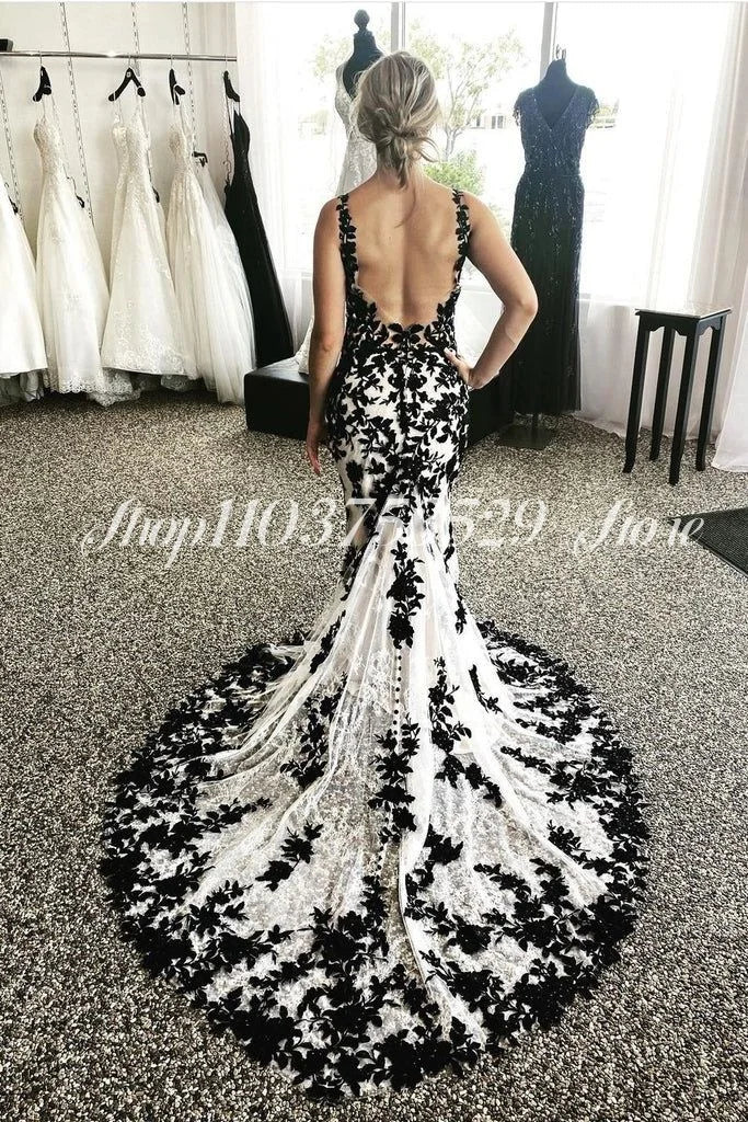 Floral Embroidered Mexican Wedding Dresses Black White Sexy Backless Gothic Mermaid Formal Occasion Custom свадебное плать